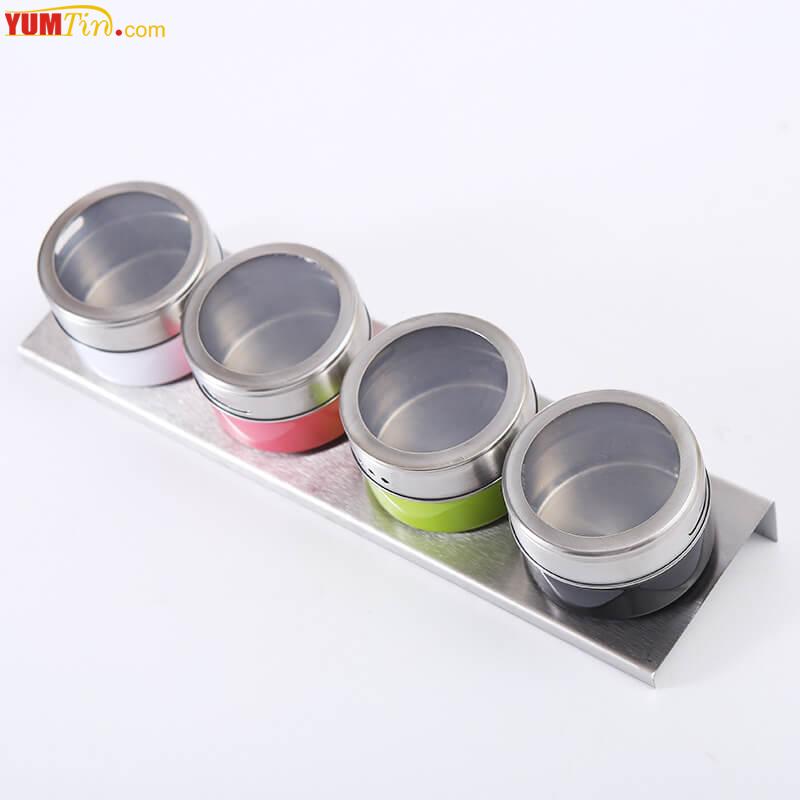 Magnetic spice tin box four pieces with one base plate