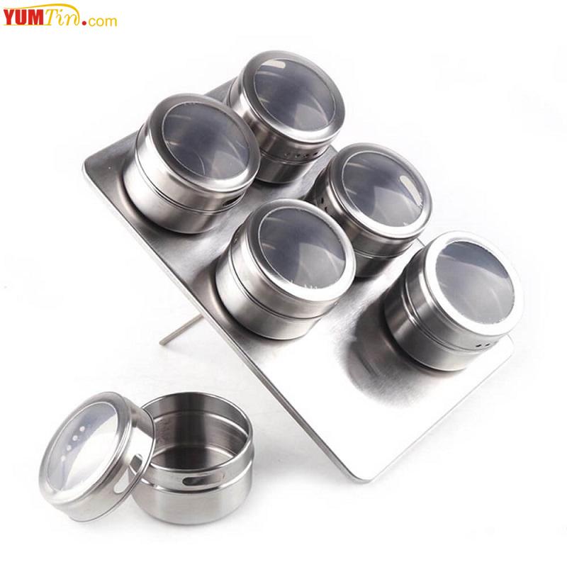 Magnetic spice tin box six pieces with one base square plate